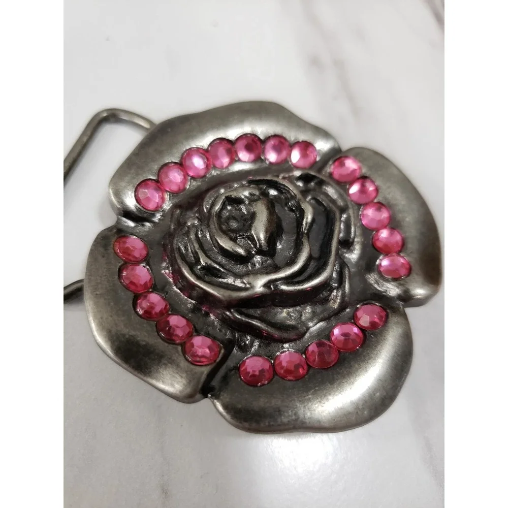 Women's Belt Buckle‎ Vintage Pink Rhinestone Jeweled Rose Flower Y2k 90s biker